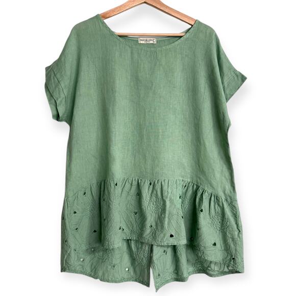 Terzo Millennio 100% Linen Lagenlook Artsy Peplum Top Eyelet Trim Women's Size M - Picture 1 of 9